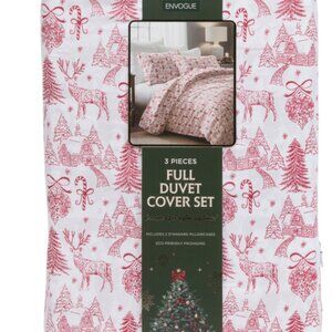 ENVOGUE Holiday Christmas Red Toile Woodland Village Full 3 pc Duvet Set New